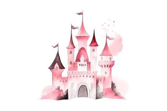 Magic castle painting illustration. Pink watercolor.