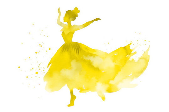 Dancing princess in yellow dress, watercolor painting illustration. Fairy tale princess. Generative AI.