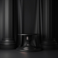 Black high pedestal with a curtain on the background. and columns. Studio room with 3d geometric platform. Luxury minimal scene for product showcase, advertising display. Ai generative