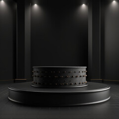 Black cylinder pedestal with a curtain on the background and the spot lights. Studio room with 3d geometric platform. Luxury minimal scene for product showcase, advertising display. Ai generative