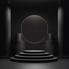 Black cylinder abstract pedestal with a stairs, columns and a curtain on the background. Luxury minimal scene for product showcase, advertising display. Ai generative