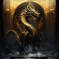 Dragon with black skin and golden details. Generative AI
