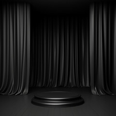 Black cylinder pedestal with a curtain on the background. Studio room with 3d geometric platform. Luxury minimal scene for product showcase, advertising display. Ai generative