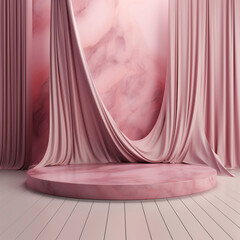 3D abstract stage background with marble podium and pink curtain gate background, mockup stage. Ai generative