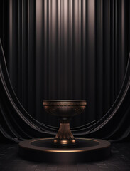 Black and golden cup with a curtain on the background. Studio room with 3d geometric platform. Luxury minimal scene for product showcase, advertising display. Ai generative