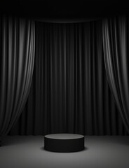 Black cylinder pedestal with a curtain on background. Studio room with 3d geometric platform. Luxury minimal scene for product showcase, advertising display. Ai generative