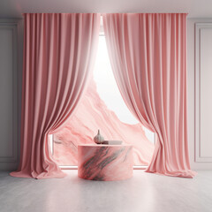3D abstract stage background with marble table and pink curtain gate background, mockup stage. Ai generative