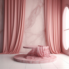 3D abstract stage background with marble high podium and pink curtain gate background, mockup stage. Ai generative