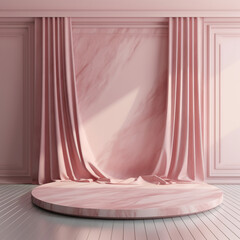 3D interior with abstract stage, marble podium, and pink curtain gate background, mockup stage. Ai generative