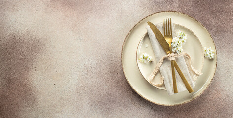 Spring table setting with white flowers, Long banner format. top view