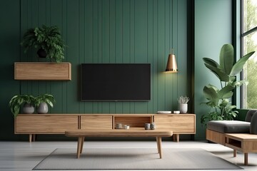 modern living room with green walls and furniture. Generative AI
