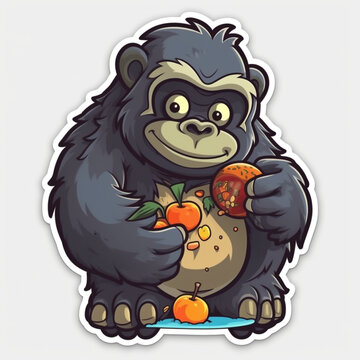 Fröhlicher Gorilla mit Orangen, Vektor Sticker
