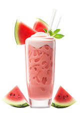 Smoothie watermelon yogurt with small watermenlon slices on cutout PNG transparent background. Generative AI