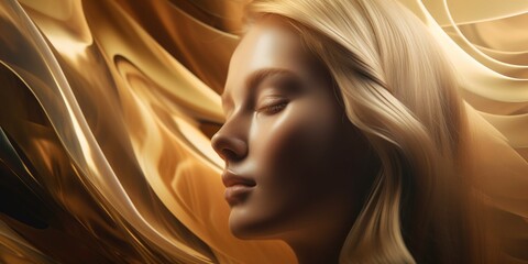 Model Frau hübsches Gesicht in Gold Style Nahaufnahme, ai generativ