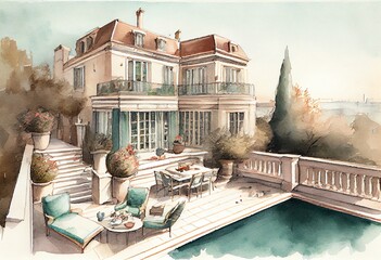 Watercolor Illustration of a Impressive Penthouse Terrace With A Swimming Pool Overlooking Paris. Generative AI