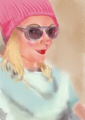 Smiling woman in glasses and a cap looks at you, fuzzy lines, soft colors, blond hair. Abstract female portrait, avatar.