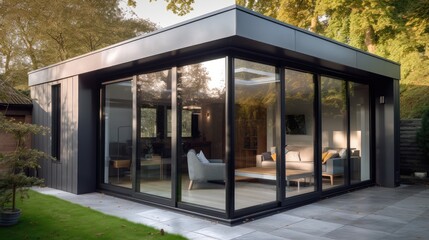 architectural photograph of a modern contemporary garden room, flat roof and zinc cladding glass, modern architecture 