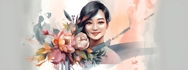Asian woman with flowers bouquet, watercolor