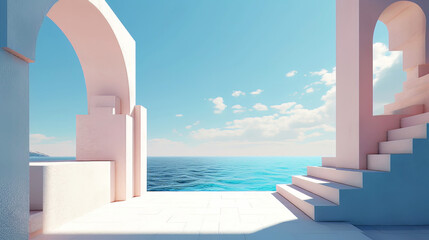 Stage with geometric shapes, arch with podium in natural daylight. sea view. summer scene.