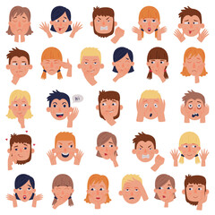 Man and Woman Head with Face Emotion and Hand Gesture Vector Set