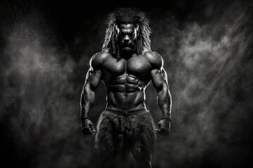 Fototapeta na wymiar Black & white picture of a male bodybuilder with smoke behind him. Generative Ai