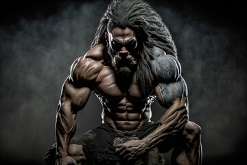 Fototapeta na wymiar Bodybuilder with lion-like hair and beard 