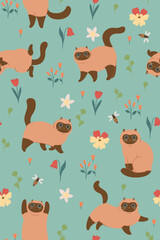 Seamless pattern with cute Siamese cats and flowers. Vector graphics.