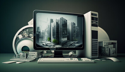 Naklejka premium Wallpaper design of computer monitor with buildings, Generative AI
