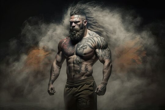 Viking bodybuilder with a smoky background. Generative Ai