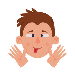 Obraz premium Man Head and Face with Foolish Emotion and Hand Gesture Vector Illustration