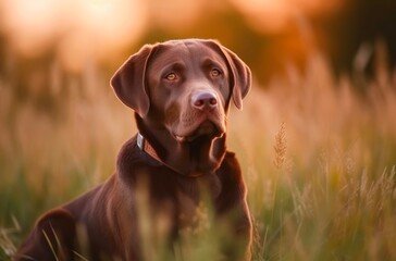 Portrait of a chocolate labrador retriever in the grass outdoor under sunlight. Generative AI.