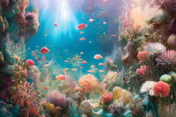 Fototapeta na wymiar Fundo do mar, peixes, plantas e corais