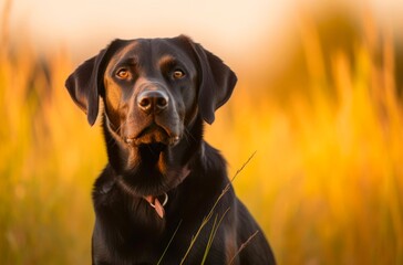 Portrait of a black labrador retriever in the grass outdoor under sunlight. Generative AI.