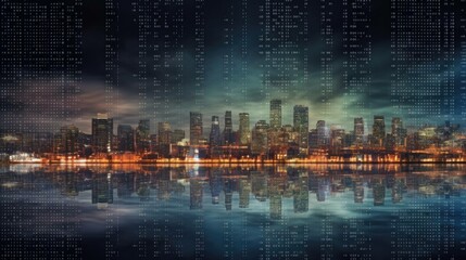 Fototapeta na wymiar Digital Horizon: A Cityscape Set Against a Binary Code Background.Generative Ai