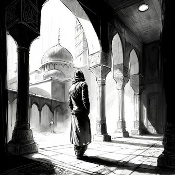 Muslim prayer in a mosque. Generative AI