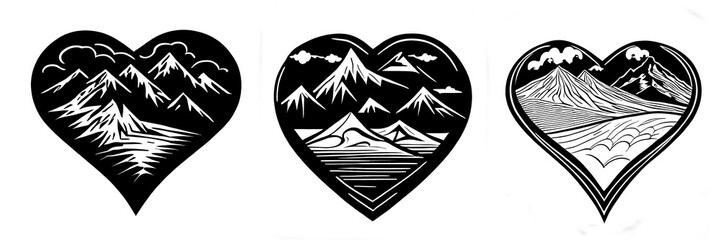 Silhouette of mountains in the heart. Sketch of a mountain and heart tattoo.