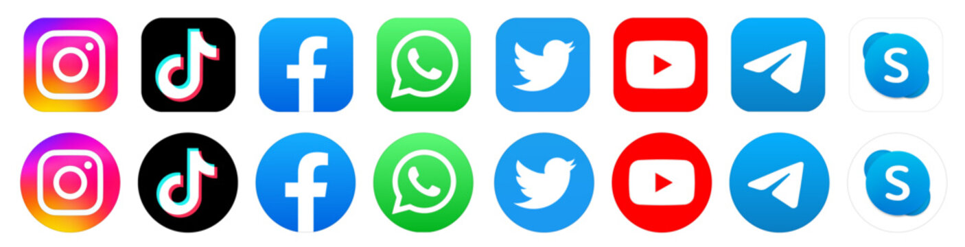 Instagram, TikTok, Facebook, Whatsapp, Twitter, YouTube, Telegram and Skype app icons. Set of round social media logos. Vector illustration