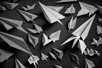 Fototapeta premium paper planes on black background isolated, shapes pattern monochromatic randomized repetition concept composition wallpaper, generative ai