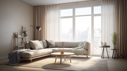 Naklejka na ściany i meble Modern Living room interior furniturewith large windows and city view. generative AI