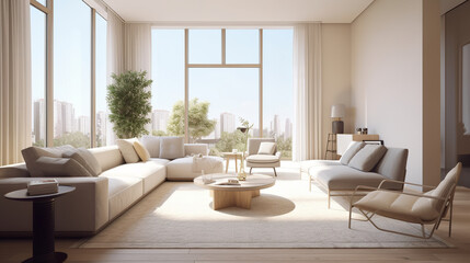 Fototapeta na wymiar Modern Living room interior furniturewith large windows and city view. generative AI