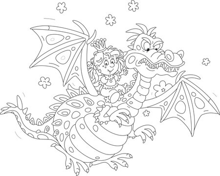 Funny little princess of a fairytale kingdom and a fire-breathing mythical dragon flying together in clouds of smoke, black and white outline vector cartoon illustration for a coloring book