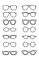 Black glasses rim. Eyeglasses and sunglasses collection vector illustration. Vintage, classic and modern style glasses rim silhouette. 