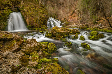 Bohinj Bistrica waterfall and spring in north fresh Slovenia in nice forest