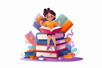 Cute little girl reading book illustration. Generative ai