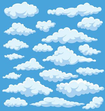 Fluffy white cartoon clouds in blue sky vector set Vector 