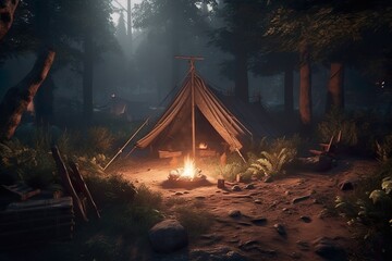 Camping place in the forest a tent with a campfire made with Generative AI