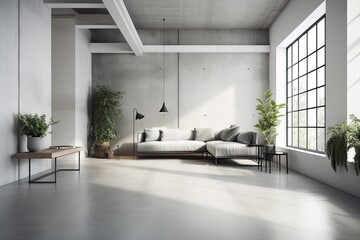 Fototapeta na wymiar cozy living room with modern furniture and green plants. Generative AI