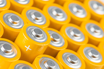 Closeup of alkaline batteries aa size in row
