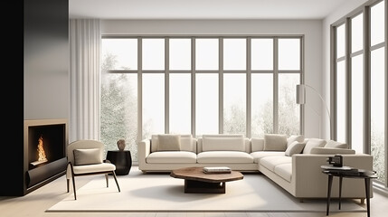 white interior design. Modern design furniture, comfortable sofa and table, fireplace. AI generative