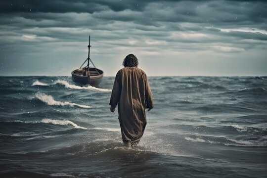Jesus walks on water across the sea towards a boat during a storm. Biblical theme concept. Generative Ai. Painting.